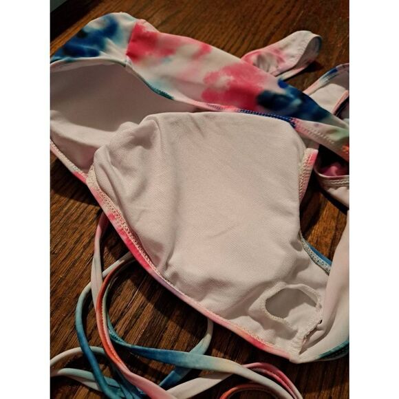 Large Tie Dye Strappy Lace Up Bikini Swimsuit Bathing Suit Swimwear Top Shirt - Picture 6 of 6